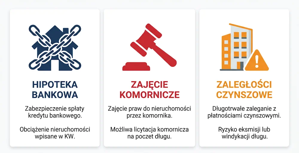 rodzaje obciążeń nieruchomości infografika – hipoteka, komornik, zaległości czynszowe