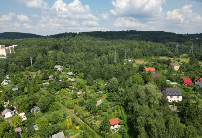 Zdjęcie z drona przedstawiające domy jednorodzinne oraz ogrody działkowe w sąsiedztwie lasu – usługi fotografii lotniczej NJ Investment.