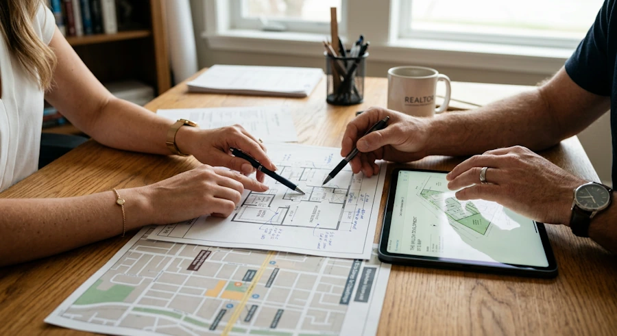 agent nieruchomości omawiający z klientem plan mieszkania