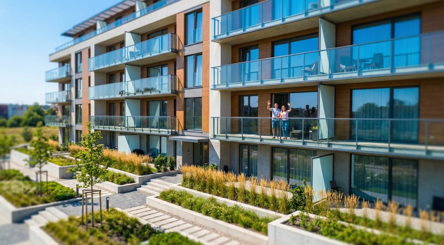 Szczęśliwi właściciele na balkonie nowego apartamentowca